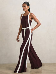 Women Petite Colourblock Wide Leg Belted Jumpsuit in Burgundy/Cream