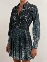 Women Printed Pleated Shirt Dress in Navy