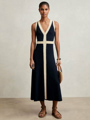 Women Craft-Stitch Knitted Midi Dress in Navy