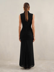 Women Petite Sheer Ruched Maxi Dress in Black