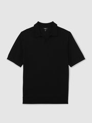 Men Merino Wool Open Collar Polo Shirt in Black