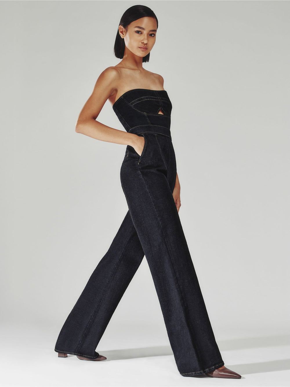 Women Strapless Wide Leg Denim Jumpsuit in Indigo Blue