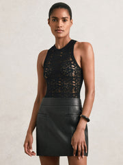 Women Leather Welt-Pocket Mini Skirt in Black