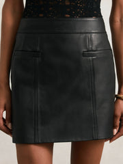 Women Leather Welt-Pocket Mini Skirt in Black
