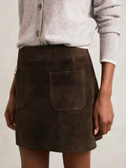 Women Mini Suede Patch Pocket Skirt in Chocolate Brown