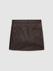 Women Leather Welt-Pocket Mini Skirt in Burgundy