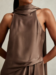 Women Satin Tuck-Detail Cape Midi Dress in Taupe Brown