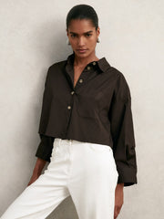 Women Oversize Cotton Cropped Shirt in Chocolate Brown