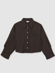 Women Oversize Cotton Cropped Shirt in Chocolate Brown