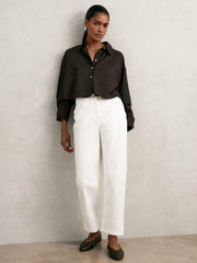 Women Oversize Cotton Cropped Shirt in Chocolate Brown