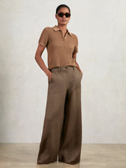 Women Linen Wide Leg Trousers in Chocolate Brown