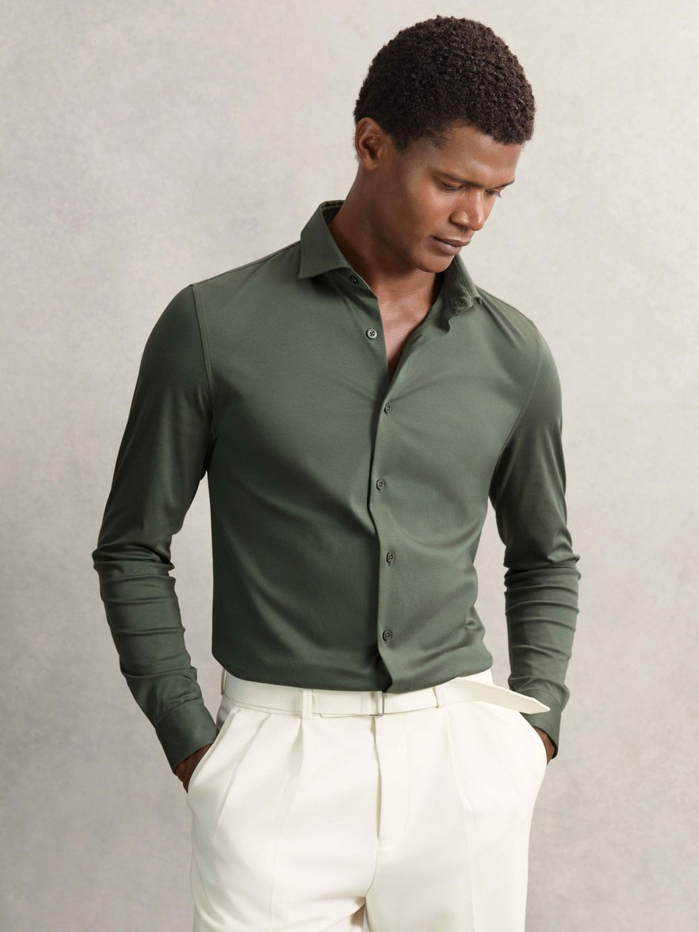 Men Cotton-Jersey Button-Through Shirt in Kale Green