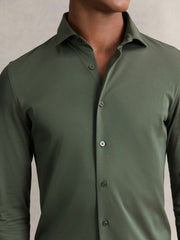 Men Cotton-Jersey Button-Through Shirt in Kale Green