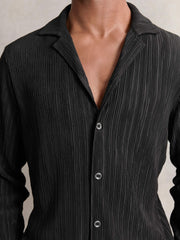 Men Plissé Cuban-Collar Long-Sleeve Shirt in Black