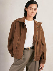 Women Suede Funnel-Neck Bomber Jacket in Tan