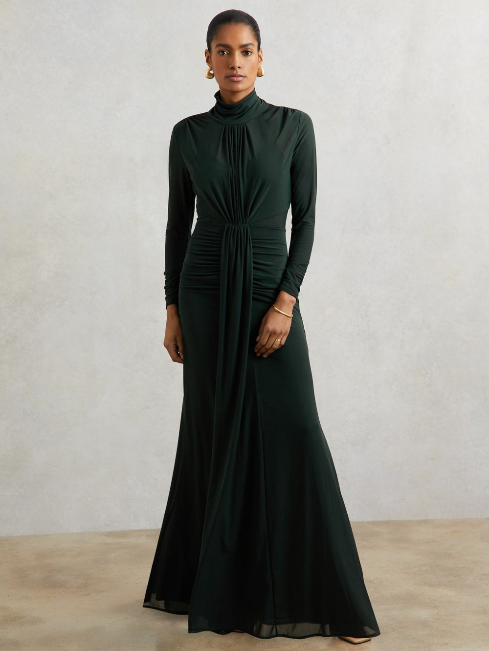 Women Petite Ruched Long-Sleeve Maxi Dress in Dark Green