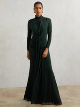 Women Petite Ruched Long-Sleeve Maxi Dress in Dark Green