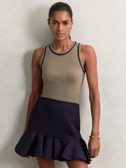 Women Stretch-Cotton Jersey Tipped Vest in Khaki Green/Navy