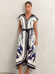 Women Scarf-Print V-Neck Belted Midi Dress in Blue/Brown