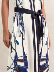 Women Scarf-Print V-Neck Belted Midi Dress in Blue/Brown