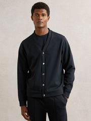 Men V-Neck Interlock Jersey Cardigan in Navy