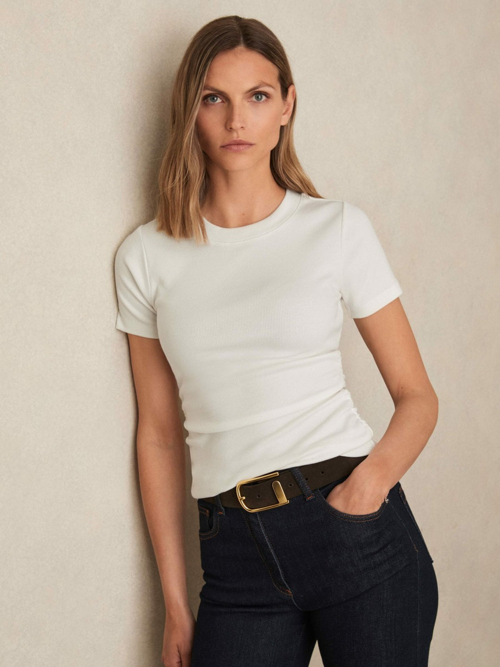 Women Stretch-Cotton Ruched Ribbed T-Shirt in White