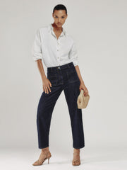 Women Petite Straight Leg Patch Pocket Jeans in Dark Blue