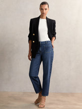 Women Petite Straight Leg Patch Pocket Jeans in Mid Blue