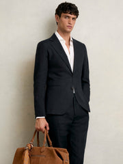 Men Slim-Fit Single Breasted Linen Blazer in Navy