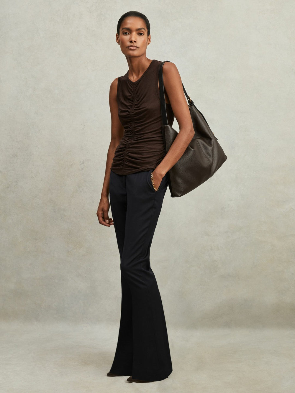 Women Petite Wool-Blend Tailored Flared Suit Trousers in Navy