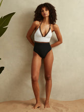 Women Colourblock Halter Swimsuit in White/Tan