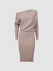 Women Off-The-Shoulder Ribbed Midi Dress in Neutral