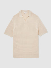 Men Pointelle Open-Collar Polo Shirt in Stone