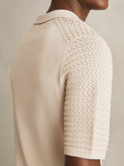 Men Pointelle Open-Collar Polo Shirt in Stone