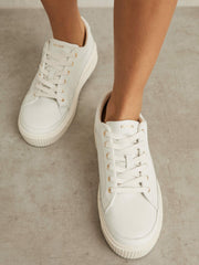 Women Grained Leather Platform Trainers in White