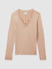 Women Jersey V-Neck Top in Camel
