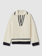 Women Wool Blend Open Collar Jumper in Cream/Navy