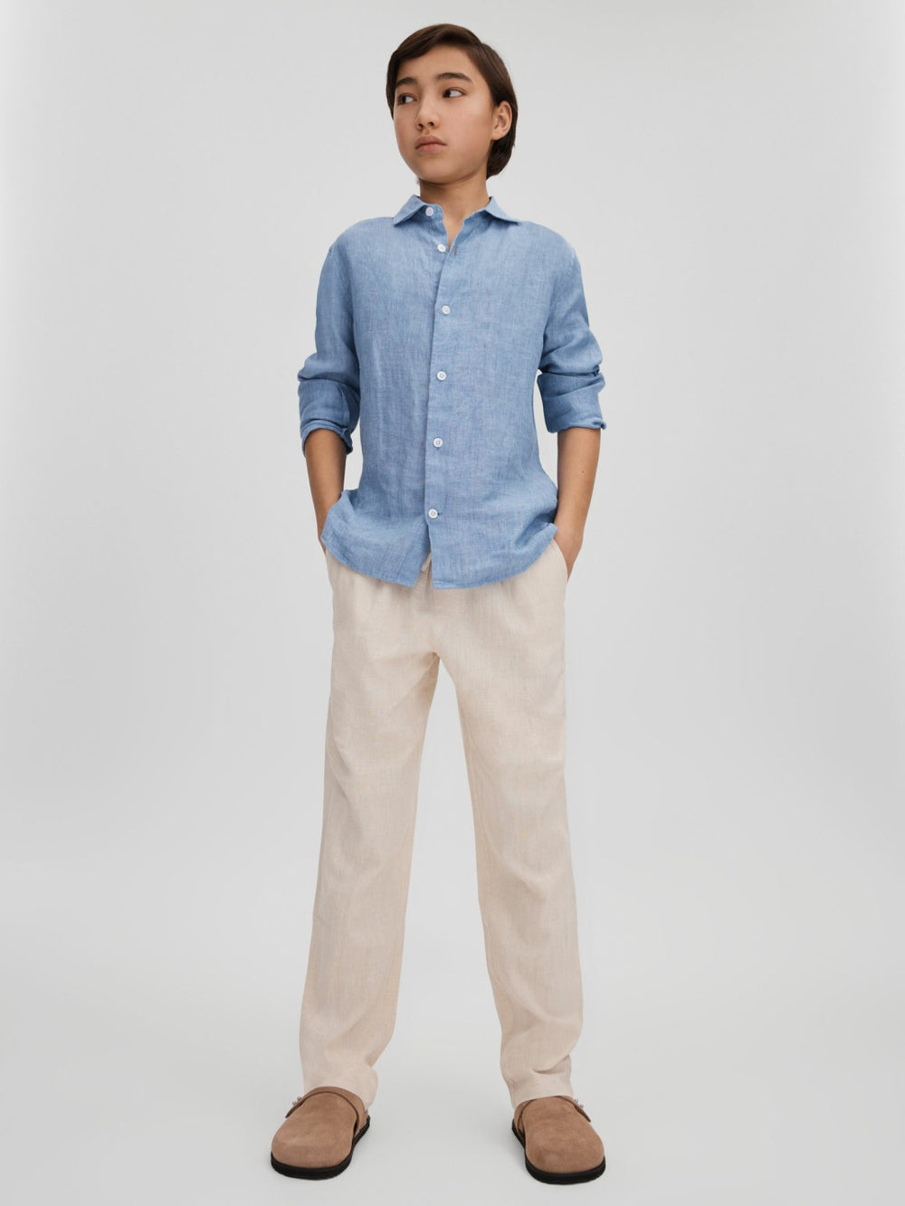 Children & Baby 3-9 yrs Striped Linen Cutaway Collar Shirt in Sky Blue