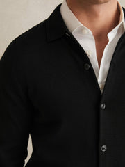 Men Merino Wool Button-Through Cardigan in Black