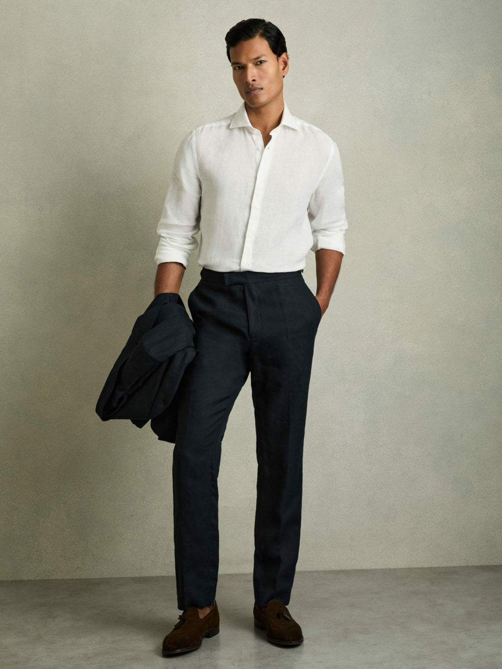 Men Linen Button-Through Shirt in White