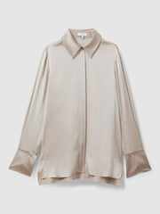 Women Silk Double-Cuff Button-Through Shirt in Champagne