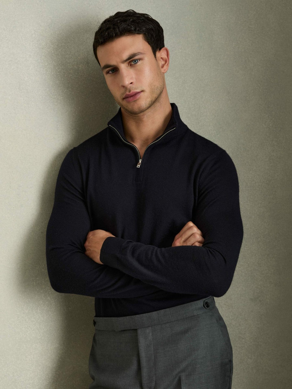 Men Merino Wool Half-Zip Jumper in Navy