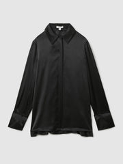 Women Silk Double-Cuff Button-Through Shirt in Black
