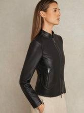 Women Leather Collarless Biker Jacket in Black