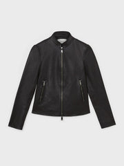 Women Leather Collarless Biker Jacket in Black