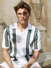 Men Open Collar Striped Polo T-Shirt in White/Sage