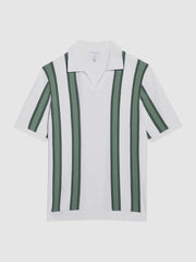 Men Open Collar Striped Polo T-Shirt in White/Sage