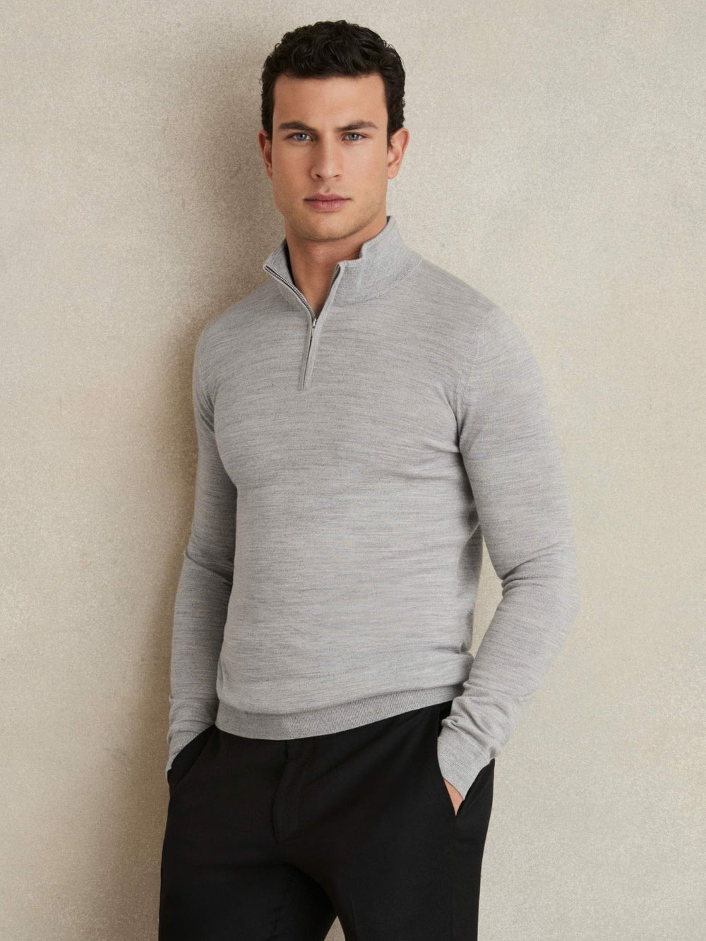 Men Merino Wool Half-Zip Jumper in Soft Grey Mouline