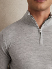 Men Merino Wool Half-Zip Jumper in Soft Grey Mouline