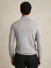 Men Merino Wool Half-Zip Jumper in Soft Grey Mouline